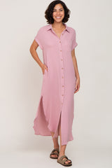 Light Pink Button Down Maternity Midi Dress