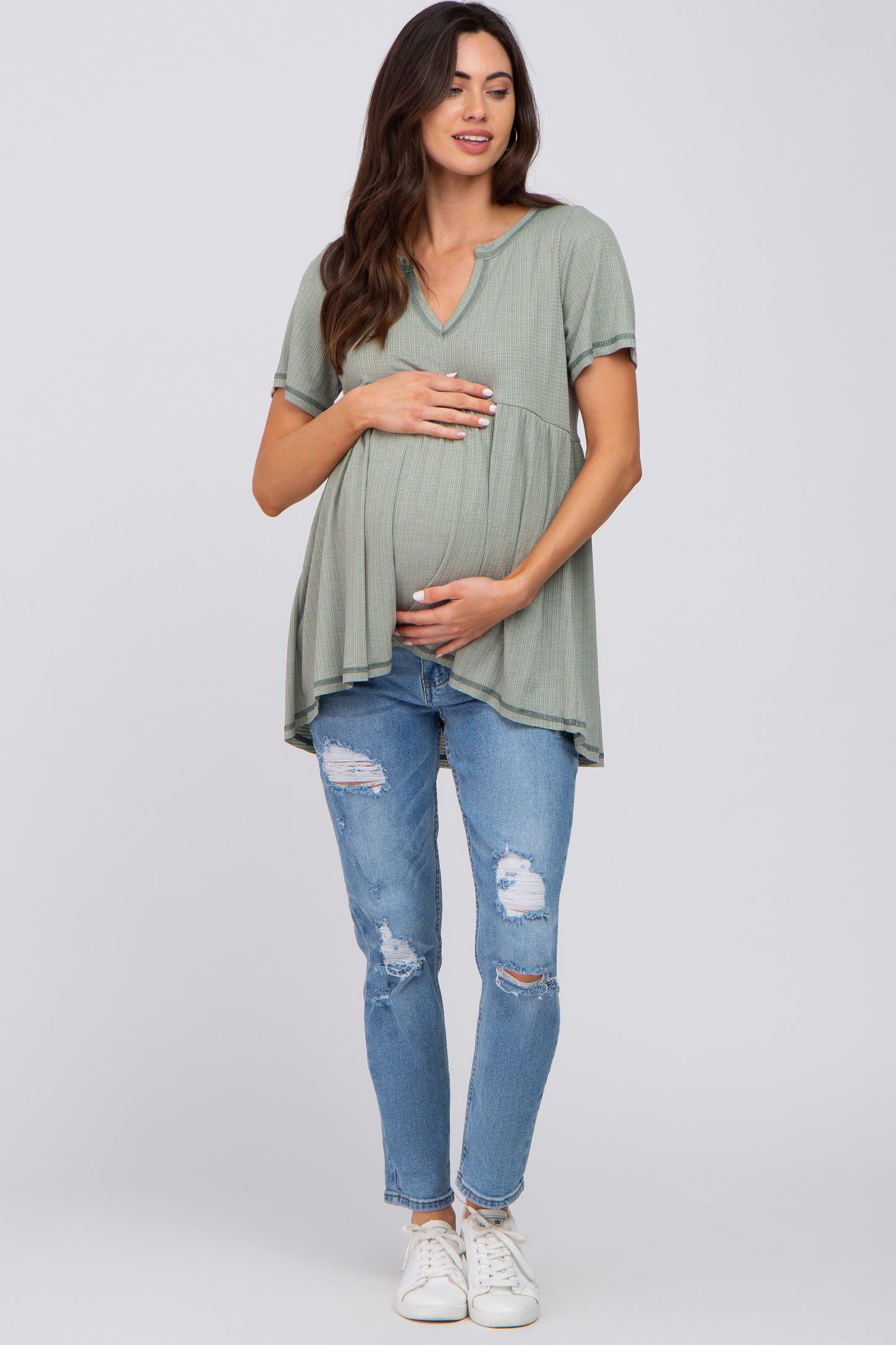 Light Olive V Neck Maternity Top