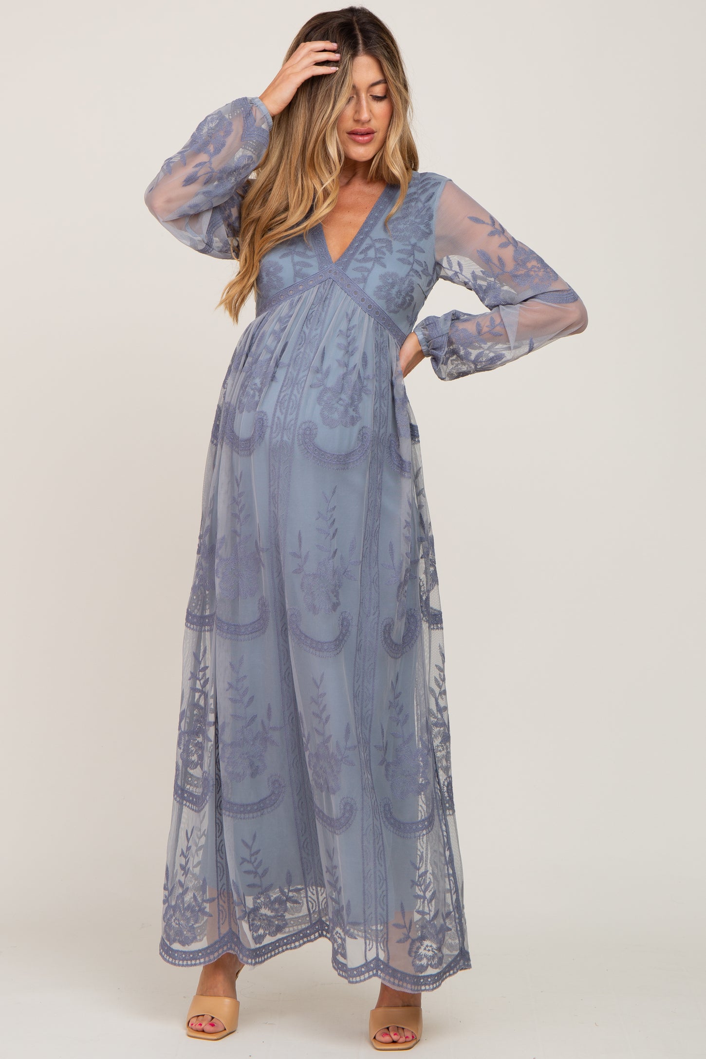 PinkBlush Blue Grey Lace Mesh Overlay Long Sleeve Maternity Maxi Dress PinkBlush Blue Grey Lace Mesh Overlay Long Sleeve Maternity Maxi Dress