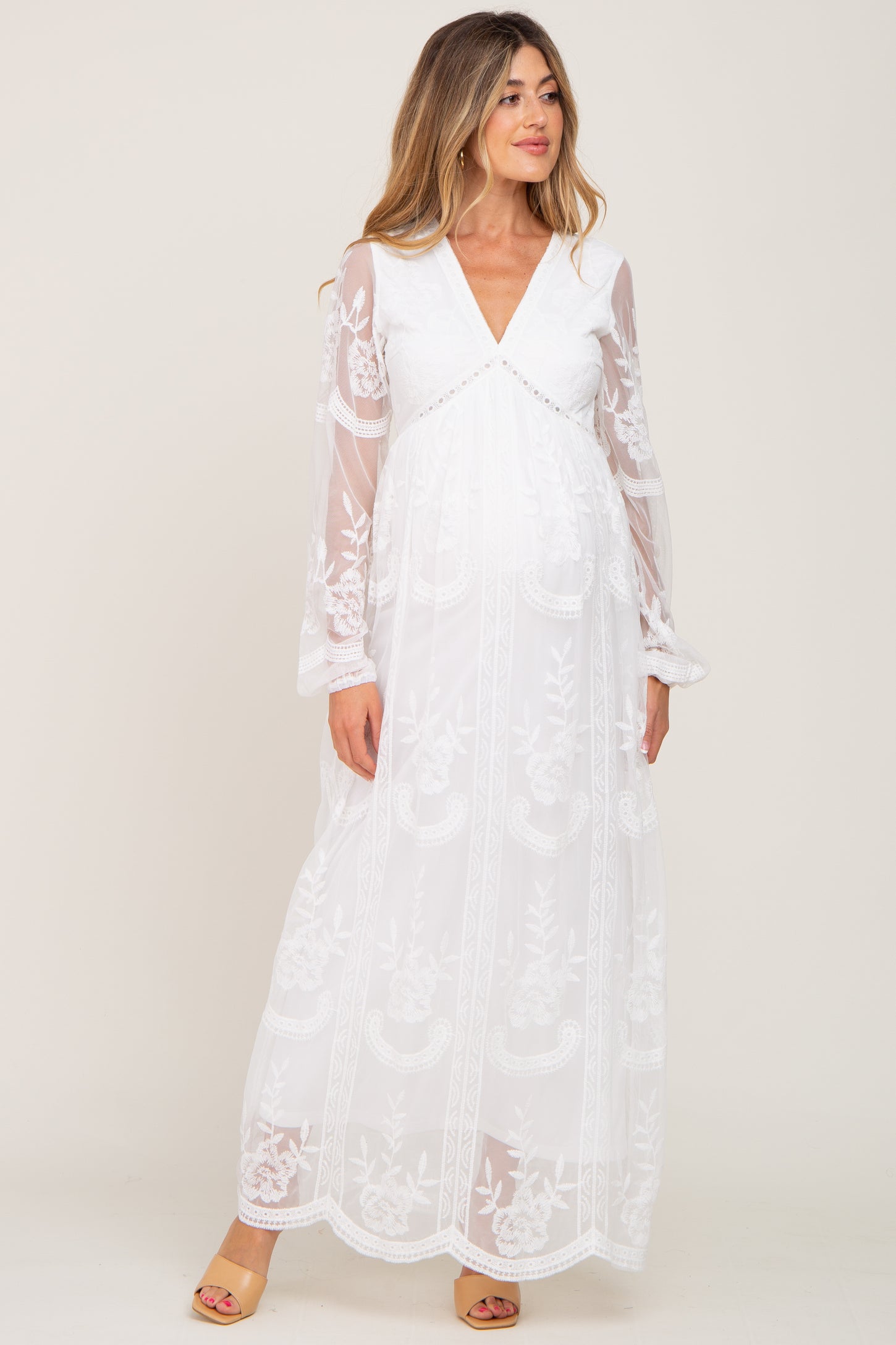 PinkBlush White Lace Mesh Overlay Long Sleeve Maternity Maxi Dress PinkBlush White Lace Mesh Overlay Long Sleeve Maternity Maxi Dress