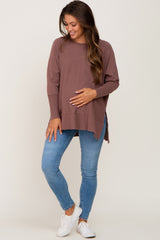 Mocha Dolman Sleeve Side Slit Maternity Sweater