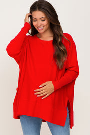Red Dolman Sleeve Side Slit Maternity Sweater