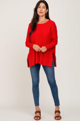 Red Dolman Sleeve Side Slit Sweater