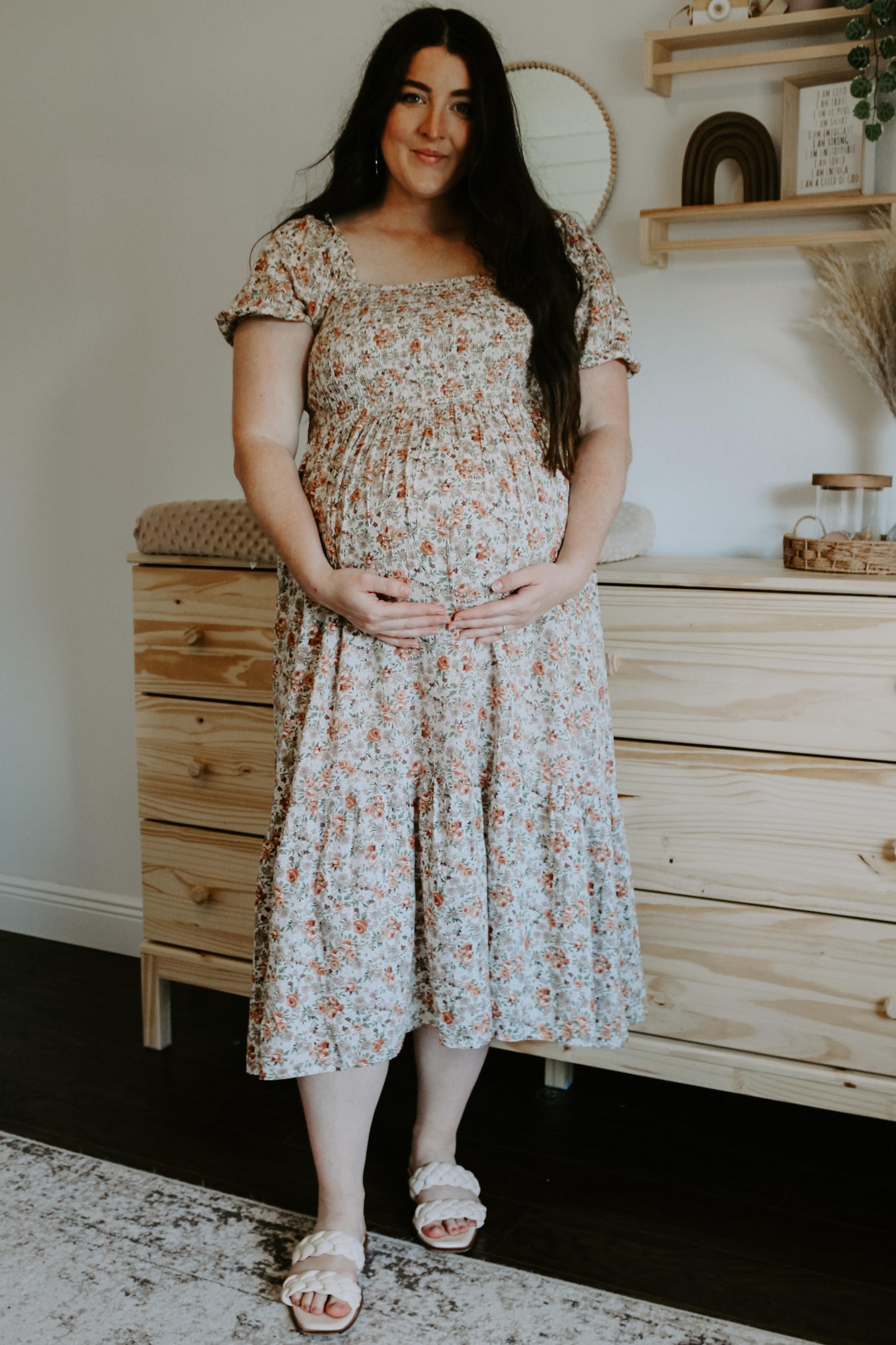 Taupe Floral Smocked Puff Sleeve Maternity Midi Dress Medium