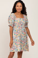 Yellow Floral Square Neck Short Puff Sleeve Maternity Dress