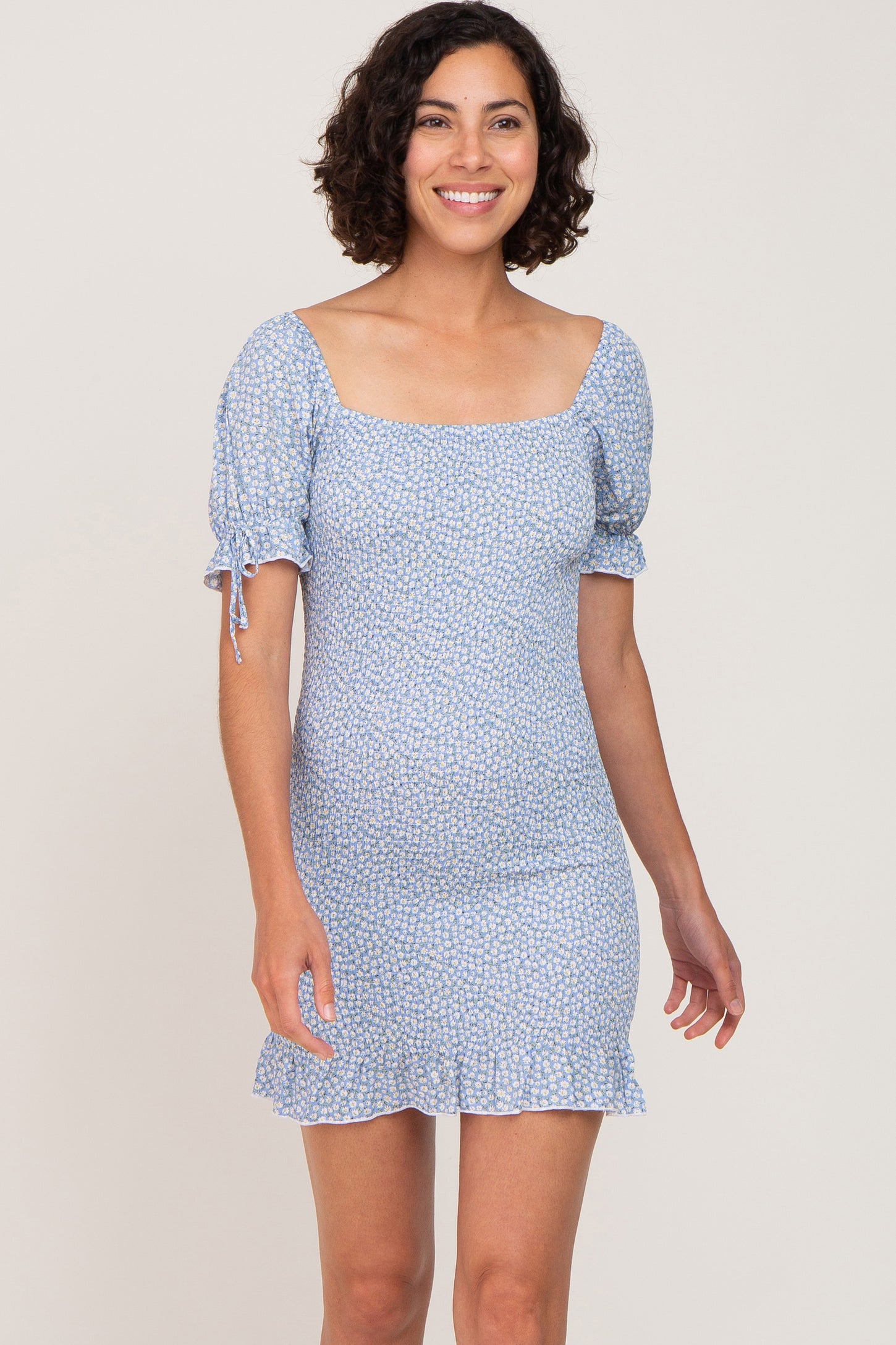 Light Blue Floral Smocked Short Puff Sleeve Maternity Mini Dress PinkBlush Light Blue Floral Smocked Short Puff Sleeve Maternity Mini Dress PinkBlush