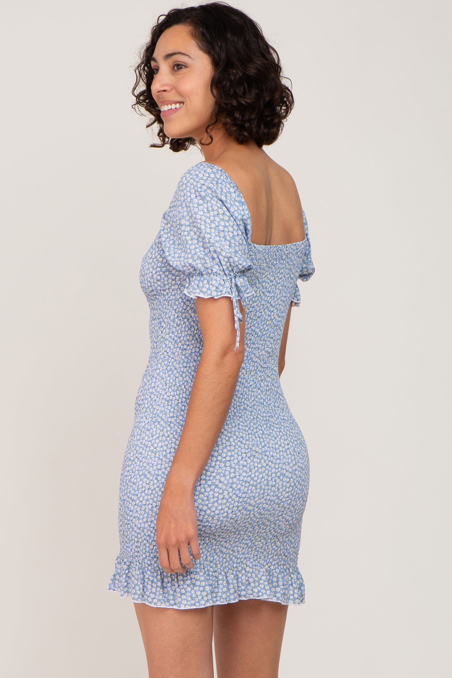 Light Blue Floral Smocked Short Puff Sleeve Mini Dress PinkBlush Light Blue Floral Smocked Short Puff Sleeve Mini Dress PinkBlush