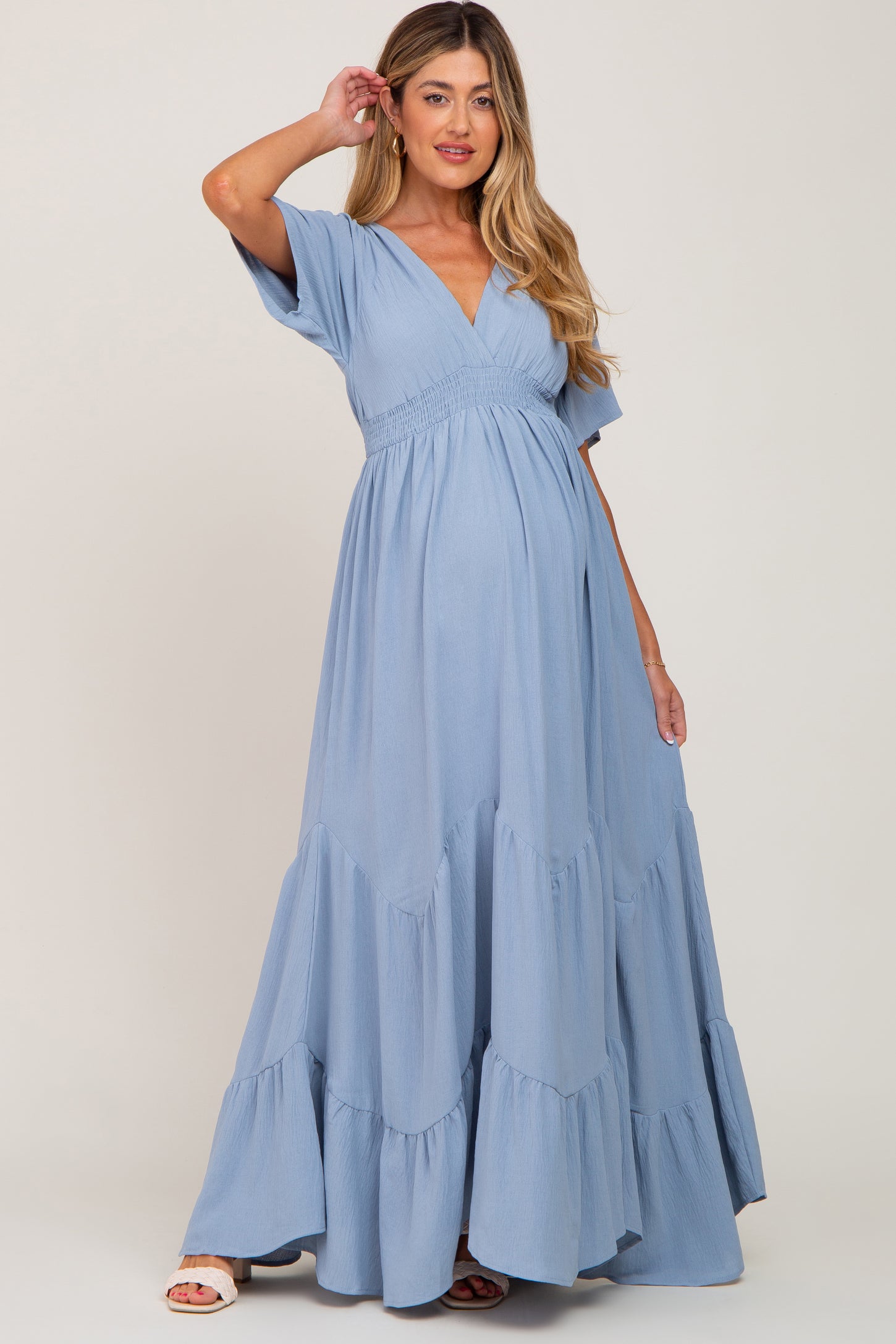 Light Blue Deep V-Neck Maternity Maxi Dress PinkBlush Light Blue Deep V-Neck Maternity Maxi Dress PinkBlush