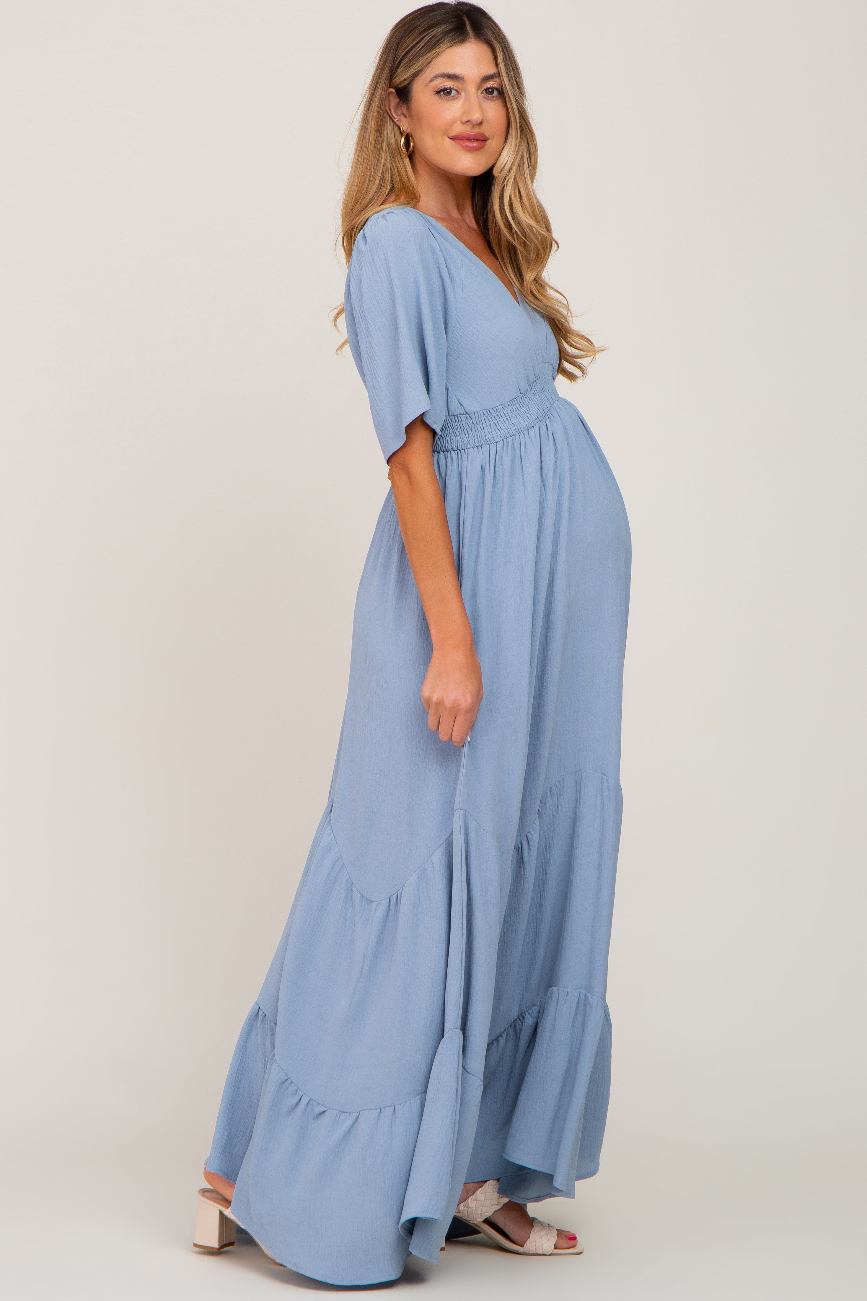Pinkblush Light Blue Deep V-Neck Maternity Maxi Dress Small