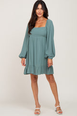 Olive Square Neck Puff Long Sleeve Dress