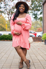 Coral Square Neck Puff Long Sleeve Maternity Dress
