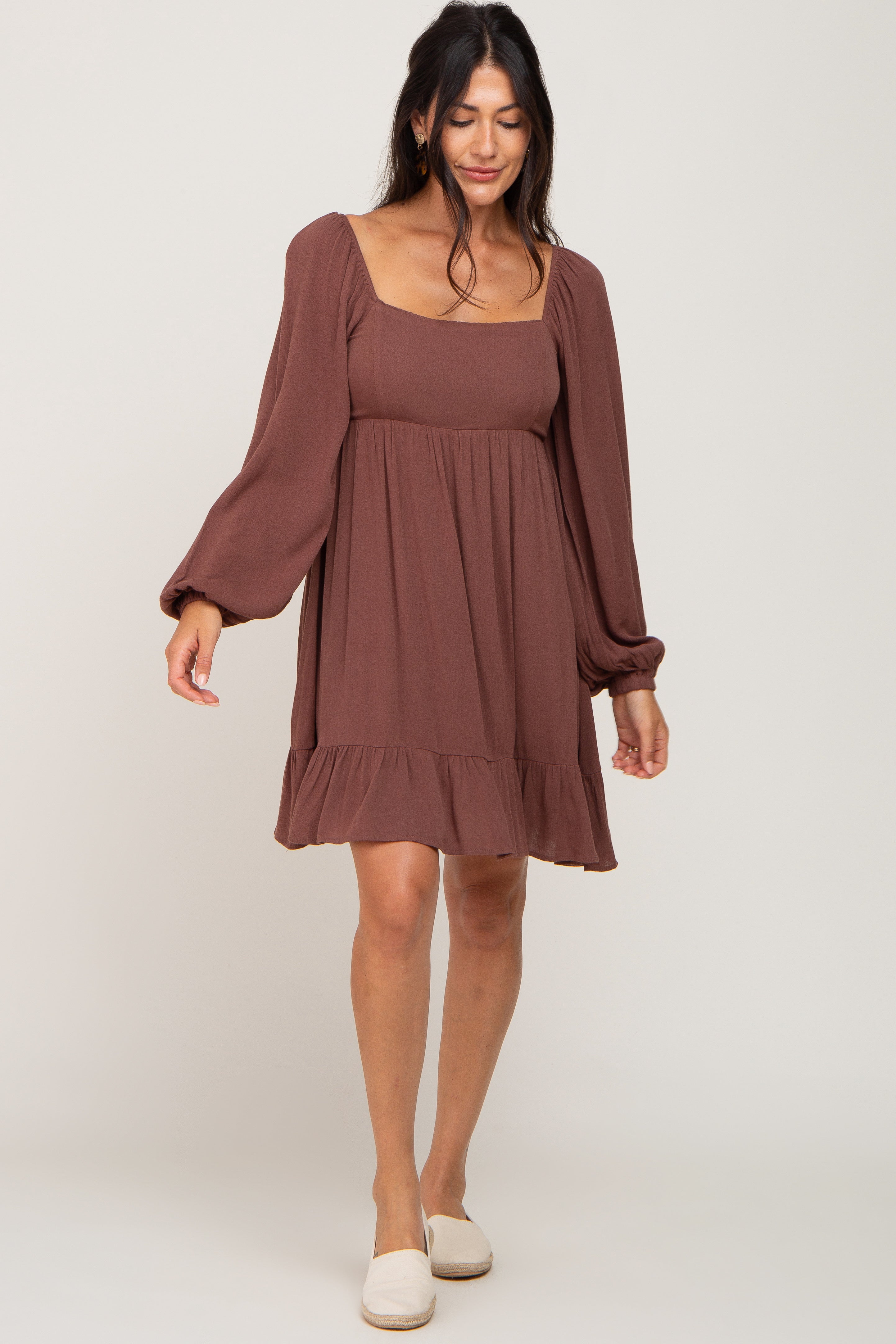 square neck dress puff sleeve Brown Square Neck Puff Long Sleeve Dress