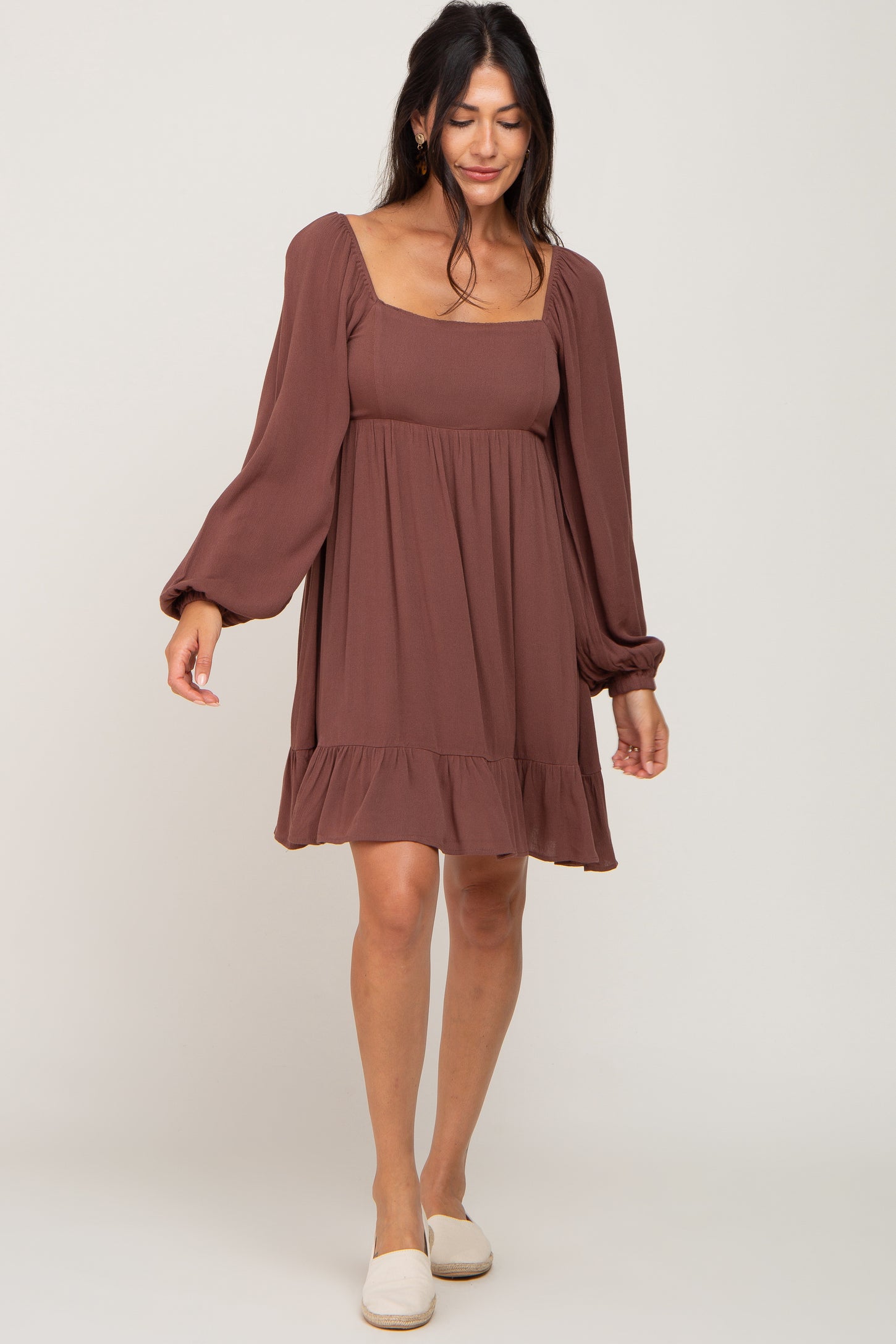 Brown Square Neck Puff Long Sleeve Dress PinkBlush Brown Square Neck Puff Long Sleeve Dress PinkBlush