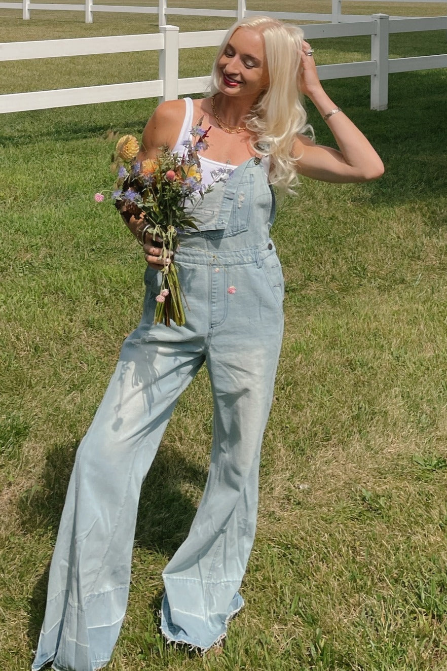 Blue Light Wash Denim Distressed Wide Leg Overalls