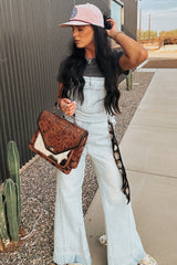 Blue Light Wash Denim Distressed Wide Leg Overalls