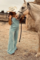 Blue Light Wash Denim Distressed Wide Leg Maternity Overalls