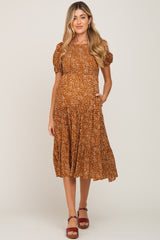 Rust Animal Print Smocked Maternity Midi Dress