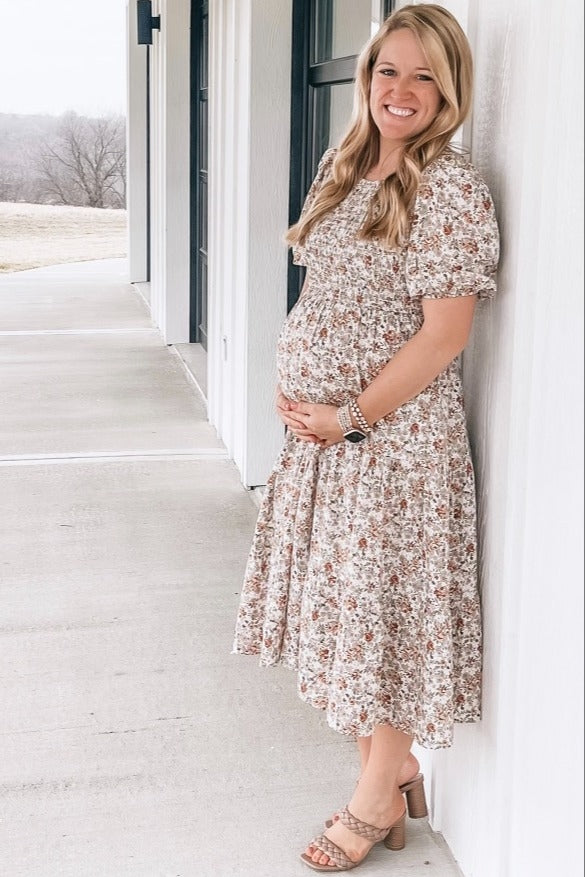 Taupe Floral Smocked Tiered Maternity Midi Dress