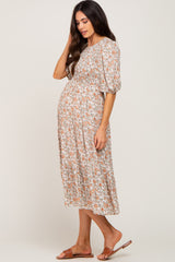 Taupe Floral Smocked Tiered Maternity Midi Dress
