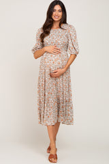 Taupe Floral Smocked Tiered Maternity Midi Dress