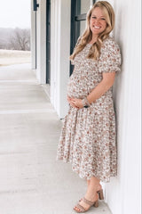 Taupe Floral Smocked Tiered Maternity Midi Dress