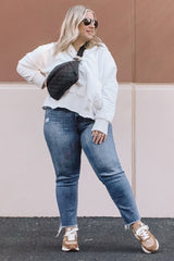 White Button Front Ribbed Trim Hooded Sweatshirt