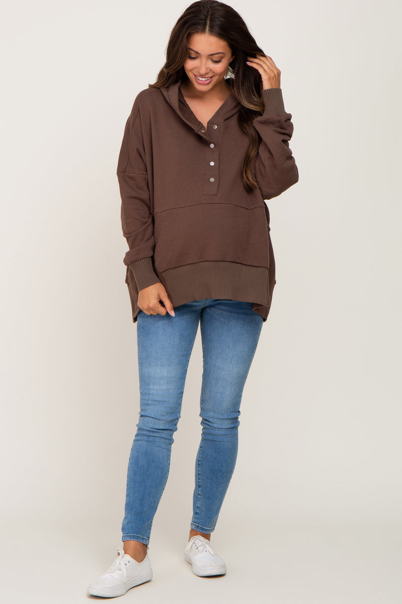 Brown Basic Fleece Crewneck Maternity Sweatshirt