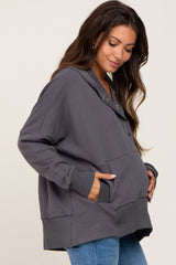 Charcoal Button Front Ribbed Trim Hooded Maternity Sweatshirt