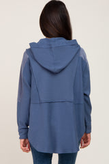 Blue Soft Mixed Knit Button Front Hooded Top