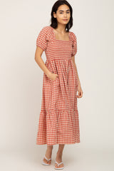 Rust Gingham Smocked Midi Dress