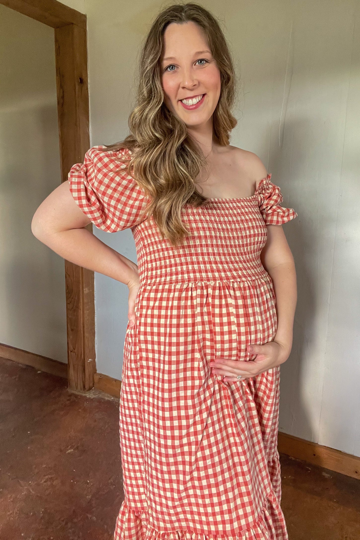 Pinkblush Rust Gingham Smocked Maternity Midi Dress Medium