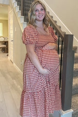 Rust Gingham Smocked Maternity Midi Dress