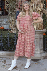 Rust Gingham Smocked Maternity Midi Dress
