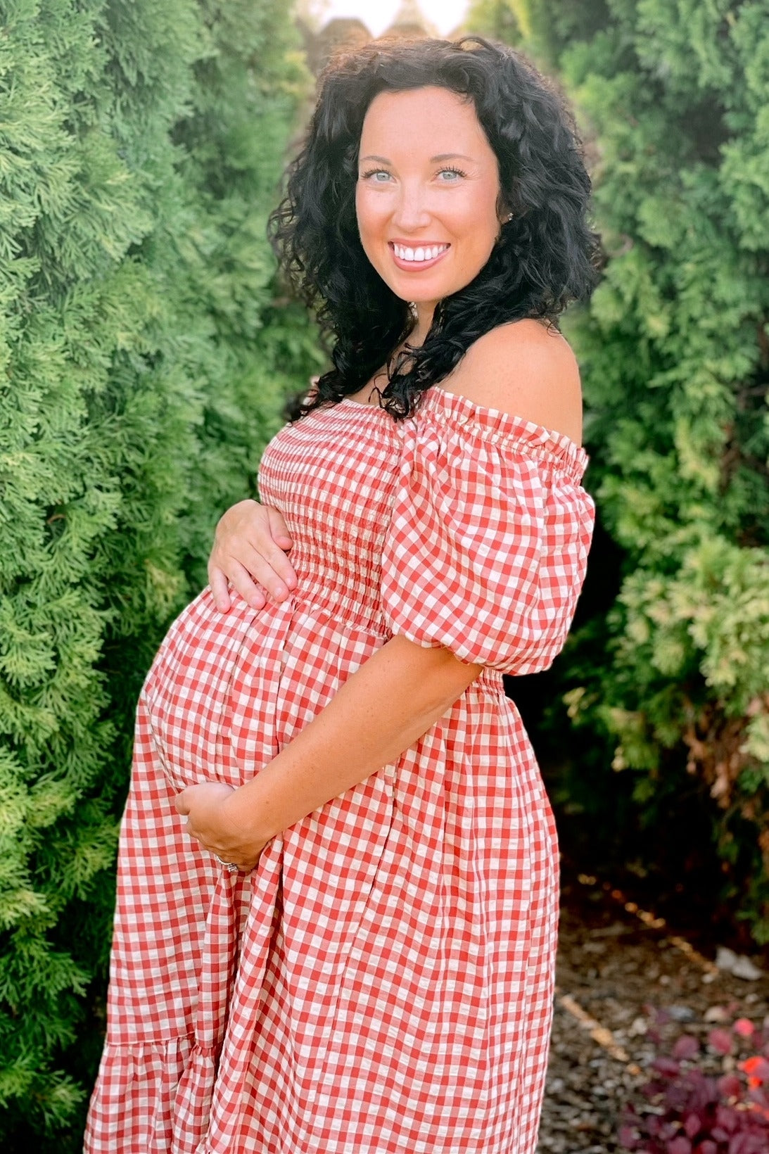 Pinkblush Rust Gingham Smocked Maternity Midi Dress Medium