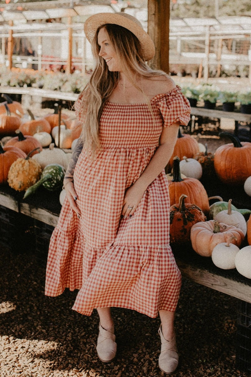 PinkBlush Rust Gingham Smocked Maternity Midi Dress Medium