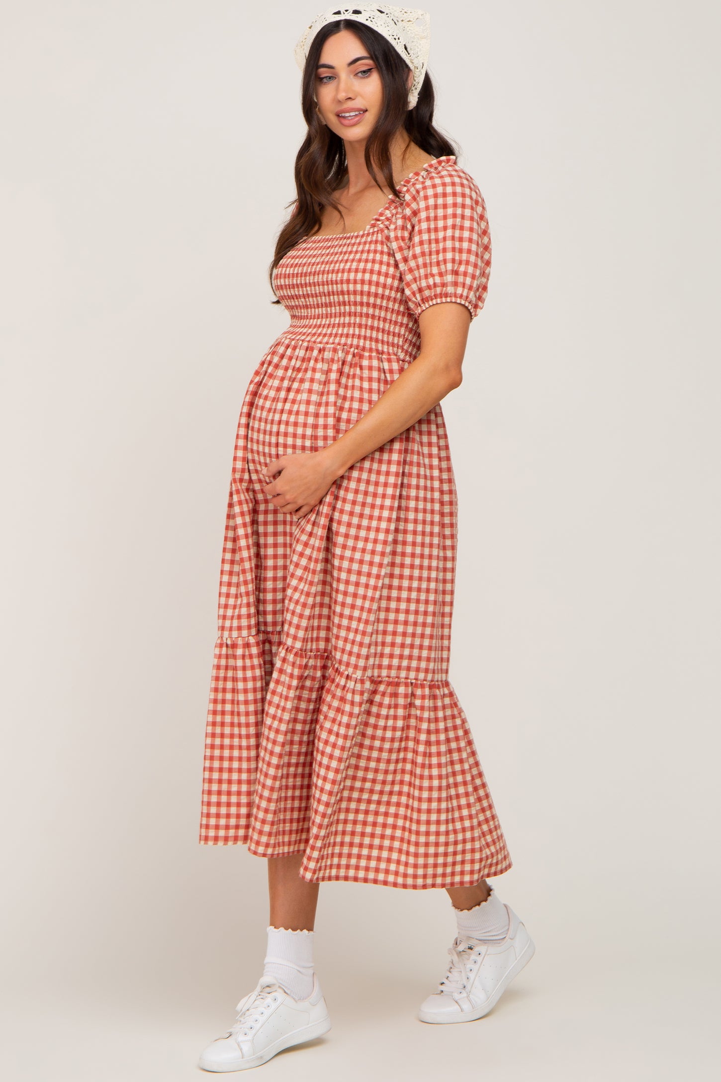 Pinkblush Rust Gingham Smocked Maternity Midi Dress Medium