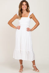 White Smocked Textured Maternity Midi Dress