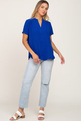 Blue Short Sleeve V-Neck Blouse