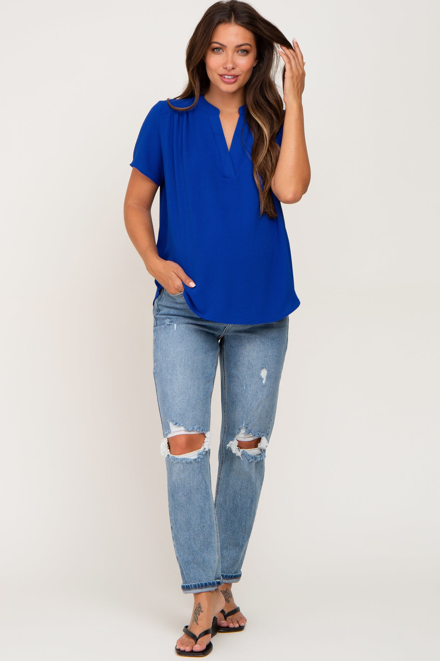 Blue Short Sleeve V-Neck Maternity Blouse