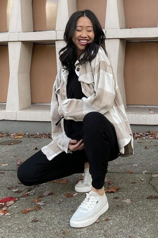 Beige Plaid Knit Maternity Shirt Jacket