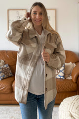 Beige Plaid Knit Maternity Shirt Jacket