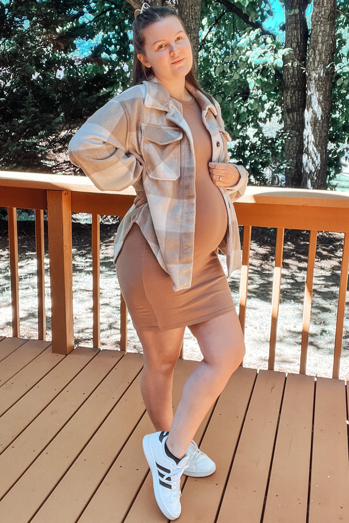 Beige Plaid Knit Maternity Shirt Jacket