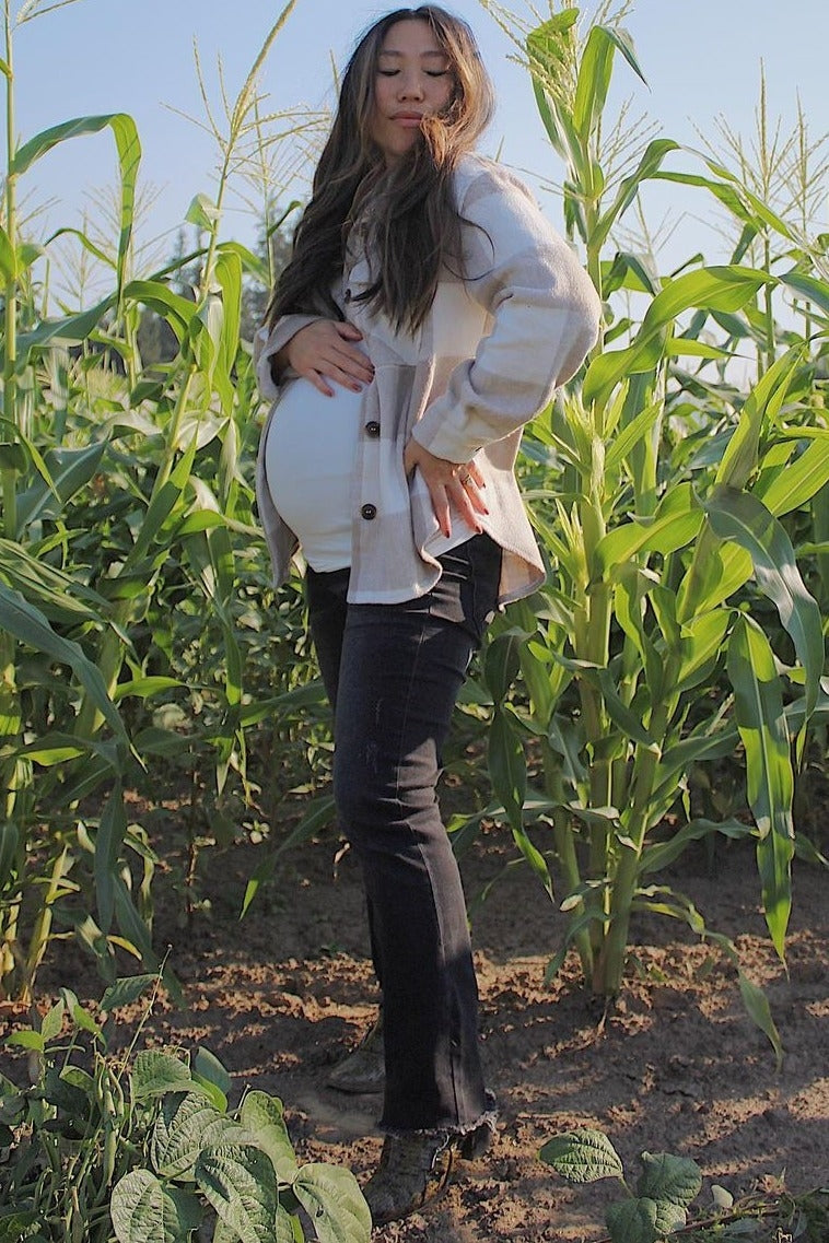 Beige Plaid Knit Maternity Shirt Jacket