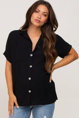 Black Collared Button-Down Short Sleeve Maternity Blouse