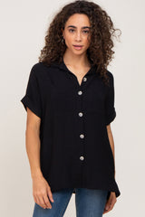 Black Collared Button-Down Short Sleeve Maternity Blouse