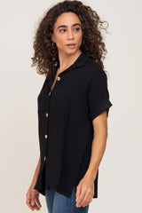 Black Collared Button-Down Short Sleeve Blouse