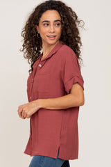 Burgundy Collared Button-Down Short Sleeve Blouse