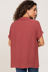 Burgundy Collared Button-Down Short Sleeve Blouse