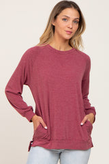 Burgundy Hi-Low Side Slit Long Sleeve Maternity Top
