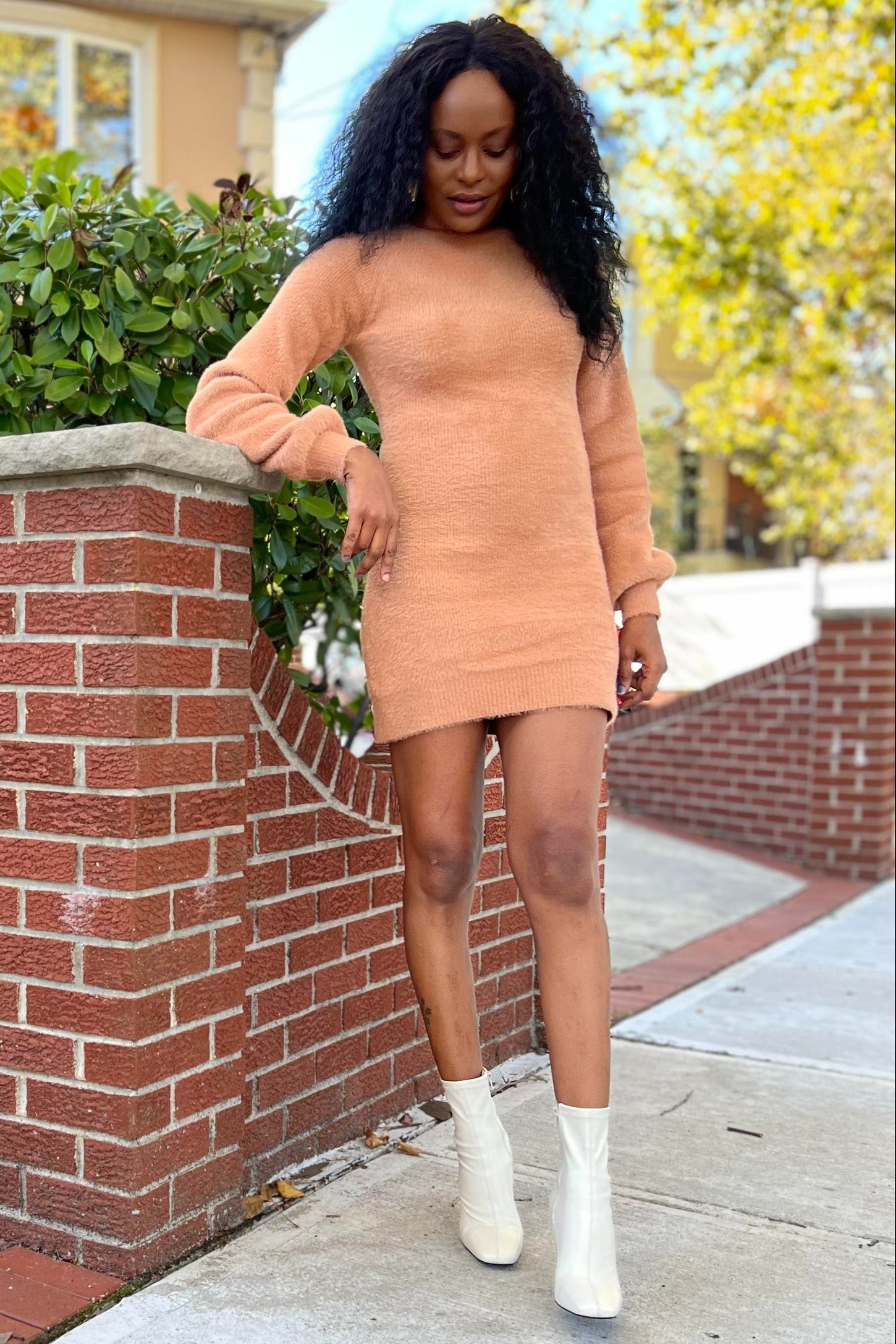 Camel Fuzzy Knit Puff Sleeve Sweater Dress PinkBlush Camel Fuzzy Knit Puff Sleeve Sweater Dress PinkBlush